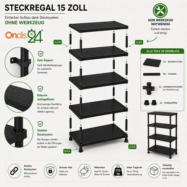 Ondis24 Steckregal 15 Zoll Kunststoff mit 5 Ablagen, werkzeuglose Montage, 170 Kilogramm Tragkraft, ideal für Garten, Keller und Garage.