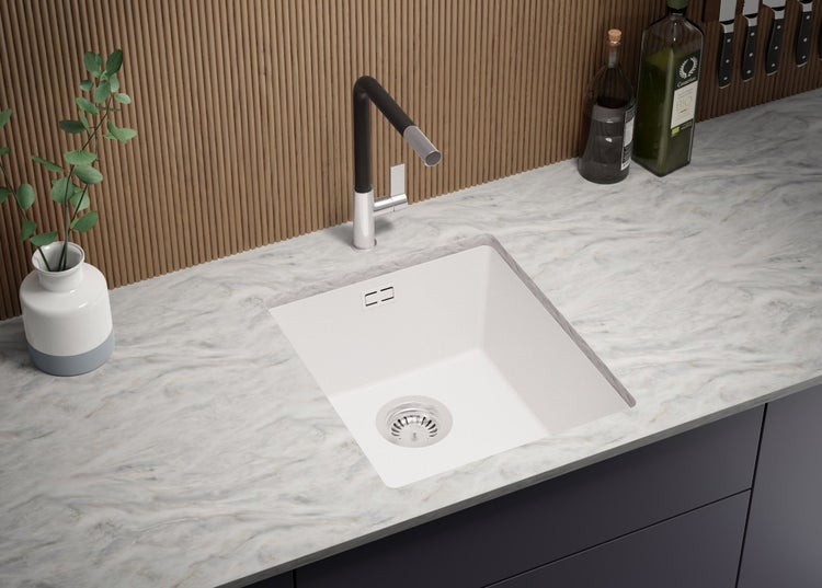 PRIMAGRAN Unterbauspüle Granit Alles Weiß 41x47cm, Spülbecken 1 Becken + Ablauf-Set, Granitspüle ab 45er Unterschrank - London