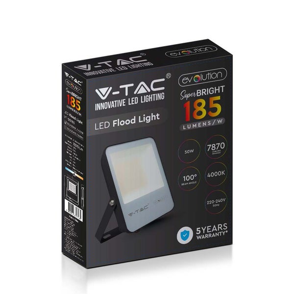 V-TAC VT-50185 - Schwarze LED-Flutlichtstrahler - 185lm/w - Evolution - IP65 - 50W - 7870 Lumen -