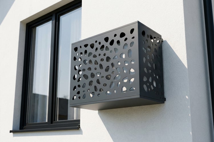 Wärmepumpenverkleidung aus Metall mit Lochmuster an einer Hauswand neben einem Fenster