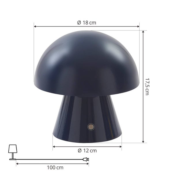 Blaue Tischleuchte in Pilzform: Durchmesser 18 Zentimeter, Höhe 17,5 Zentimeter, Fußdurchmesser 12 Zentimeter und Kabellänge 100 Zentimeter.