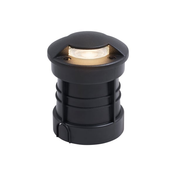 Bodeneinbaustrahler für den Außenbereich, schwarzer Kunststoff, mit integriertem Leuchtmittel und gewölbtem Deckel.