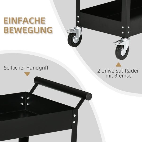 DURHAND Werkstattwagen mit 2 Etagen, Werkzeugwagen leer, Transportwagen, seitlicher Griff, 4 Rollen, Stahl, bis 150 kg Tragkraft, 84,5 x 38 x 84 cm, Schwarz