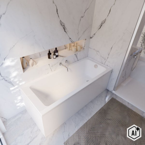 Modernes Badezimmer mit weißer Badewanne und Duschbereich in Marmoroptik mit Nische für Badaccessoires.