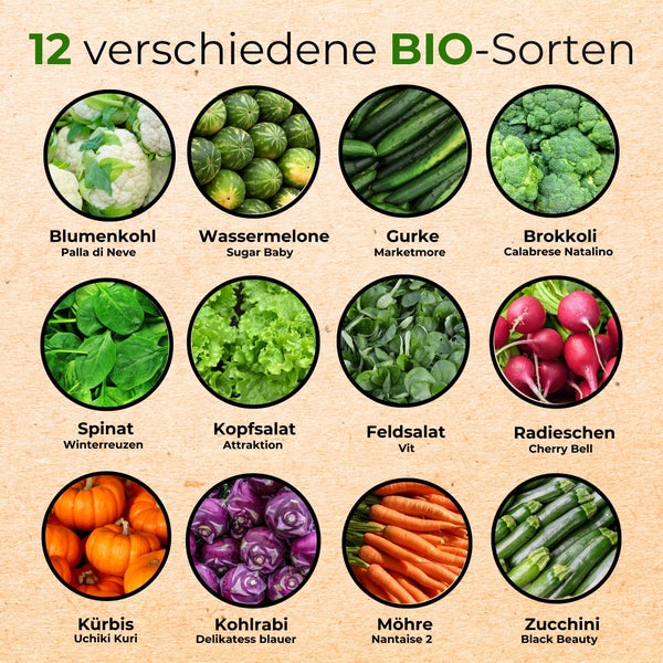 12 verschiedene Bio-Gemüsesorten: Blumenkohl, Wassermelone, Gurke, Brokkoli, Spinat, Kopfsalat, Feldsalat, Radieschen, Kürbis, Kohlrabi, Möhre, Zucchini.