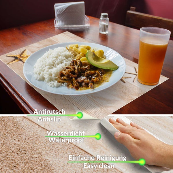 Platzset mit Seestern- und Anker-Design auf Holztisch. Merkmale sind rutschfest, wasserdicht und einfach zu reinigen.