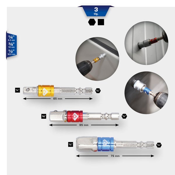 Dreiteiliges Steckschlüssel-Adapter Set mit den Größen 1/4 Zoll, 3/8 Zoll und 1/2 Zoll