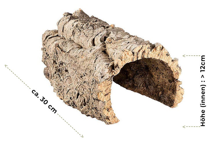 Naturkork-Tunnel für Terrarien, Länge circa 30 Zentimeter, Innenhöhe größer als 12 Zentimeter.