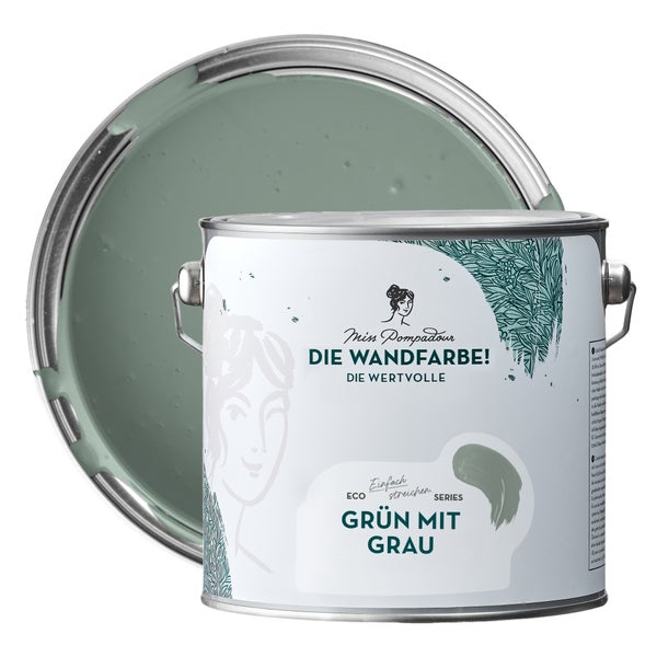 MissPompadour edelmatte Wandfarbe 2.5L Grün mit Grau - sehr hohe Deckkraft - geruchsneutrale, spritzfreie Farbe - atmungsaktive, wasserbasierte Innenfarbe/Deckenfarbe - Die Wertvolle