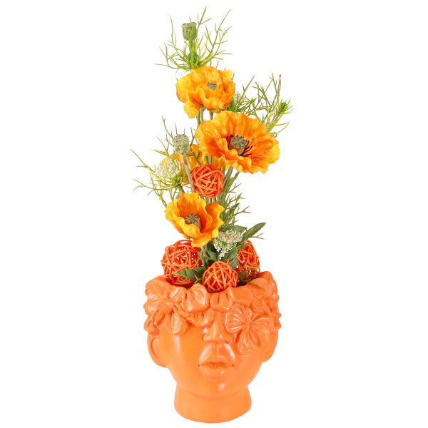 Kunstblumenarrangement mit Mohnblumen in Gesichtsvase