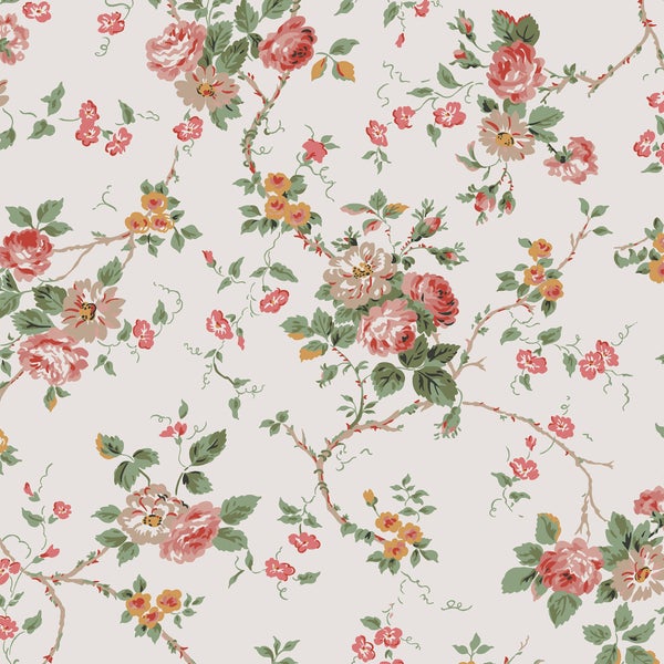 Tapete mit romantischem Blumenmuster und Rosenmotiven für eine klassische Wandgestaltung.