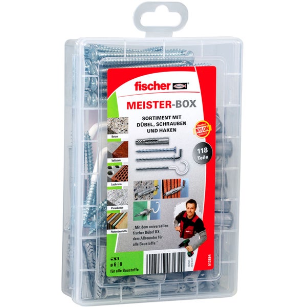 Fischer Meister-Box mit Dübeln, Schrauben und Haken, 118 Teile, geeignet für alle Baustoffe