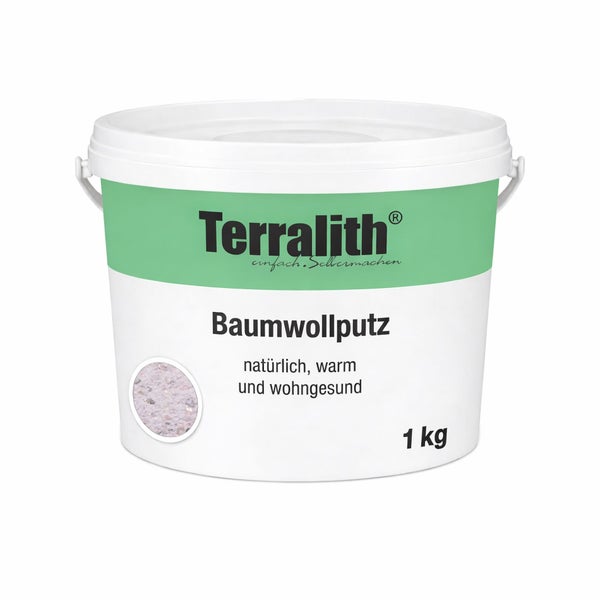 Terralith Baumwollputz in einem weißen 1 Kilogramm Eimer.