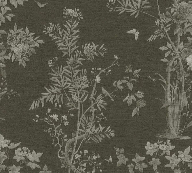 Tapete mit floralem Muster, zeigt Bäume, Blüten, Vögel und Schmetterlinge im botanischen Stil