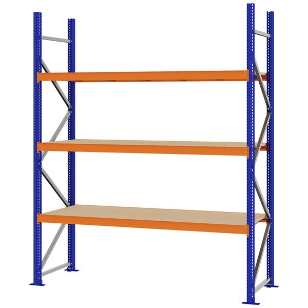 Schwerlastregal aus Metall mit drei Holzböden, blauen Rahmen und orangefarbenen Traversen.