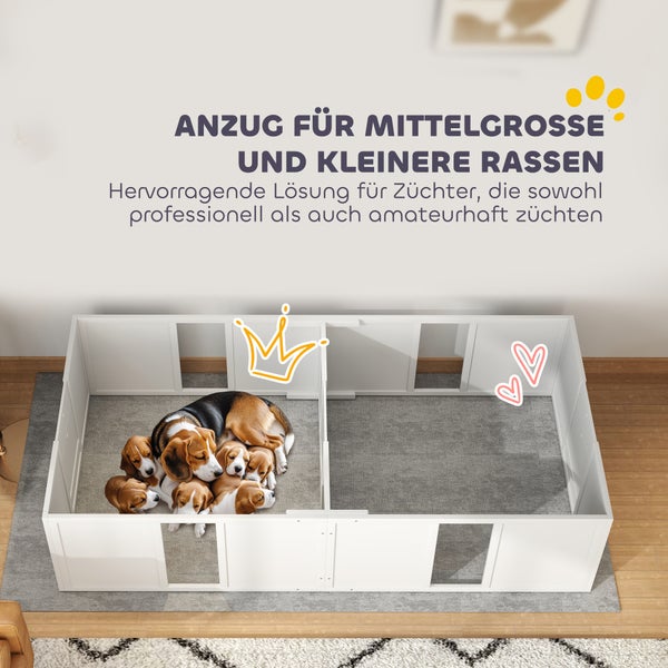 PawHut Wurfkiste für Welpen, Hundelaufstall, Welpenauslauf mit Rutschfeste Bodenschoner, Tür, Hunde Wurfbox aus Holz, Welpenlaufstall für mittelgroße Hunde, 196 x 96 x 48 cm, Weiß