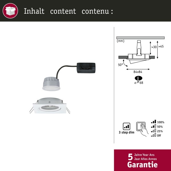 LED Einbaustrahler Set mit Einbaumaßen, 3-Stufen Dimmfunktion, 50 Grad schwenkbar und 5 Jahren Garantie.