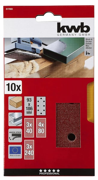 kwb Schleifstreifen 93x186 mm - Edelkorund, Körnung 40, 80, 240 - Werkzeugloser Wechsel - Für Holz und Metall - Hochwertige Qualität, Braun