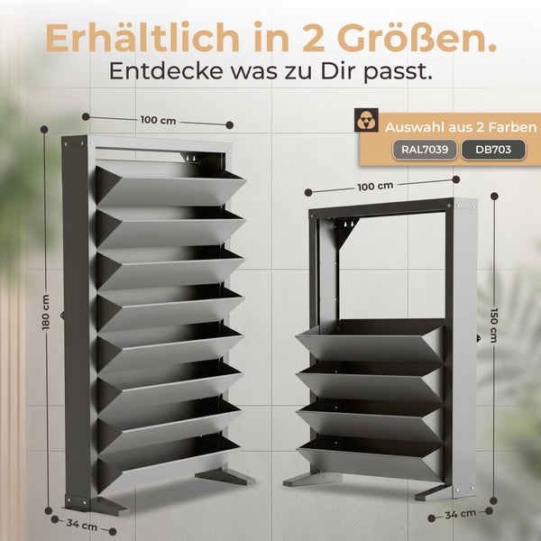 Zwei Wandregale aus Metall mit Ablagefächern in den Maßen 100 mal 180 mal 34 Zentimeter und 100 mal 150 mal 34 Zentimeter.