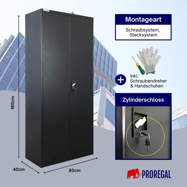 PROREGAL Logo. Metall-Werkstattschrank 180x80x40 Zentimeter, Zylinderschloss, inklusive Handschuhen und Schraubendreher. Schraub- und Stecksystem.