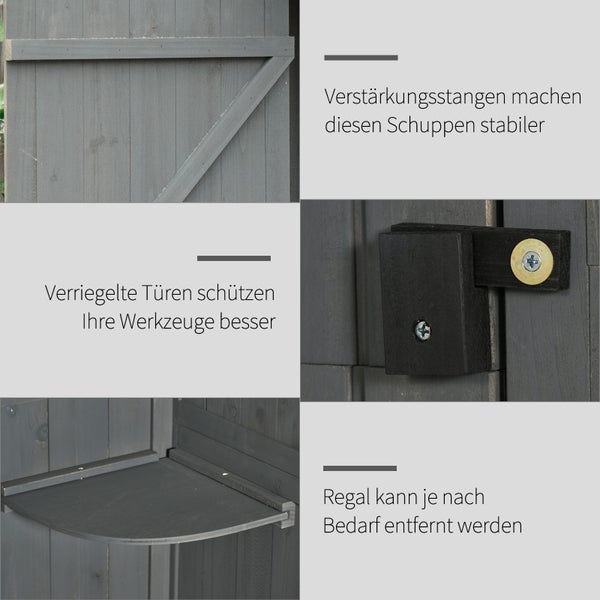 Detailansicht eines Gerätehauses mit Verstärkungsstangen, verriegelten Türen und einem entfernbaren Regal