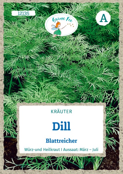 Samentüte für Dill Blattreicher, Würz- und Heilkraut, Aussaat von März bis Juli, Preisgruppe A, Grüne Fee Logo.