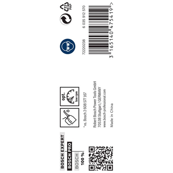 Informationen zu Bosch Expert, Bosch Pro, Papierverpackung, Augenschutz und Barcode