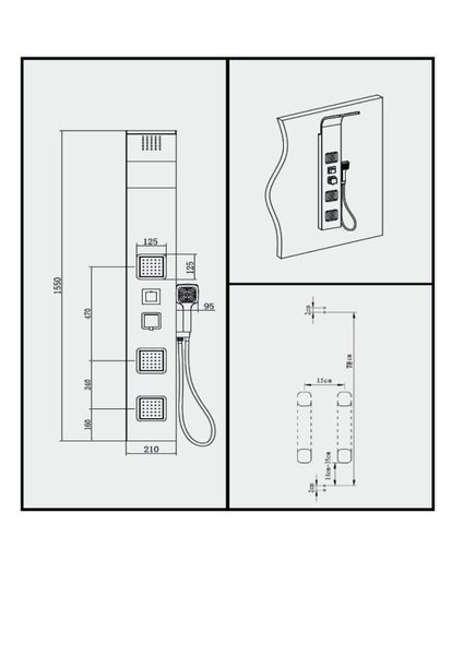 Technische Zeichnung einer Duschpaneel mit Maßen.