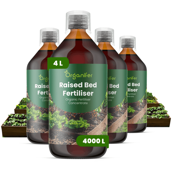 Vier Flaschen Organifer organischer Hochbeet-Dünger, Konzentrat für 4000 Liter fertigen Dünger.
