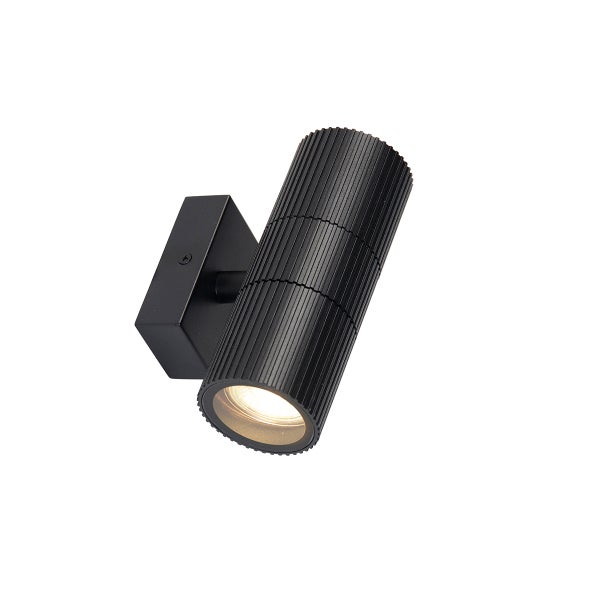 Schwarze Außenwandleuchte aus Metall in Zylinderform mit gerillter Oberfläche und quadratischer Wandhalterung.