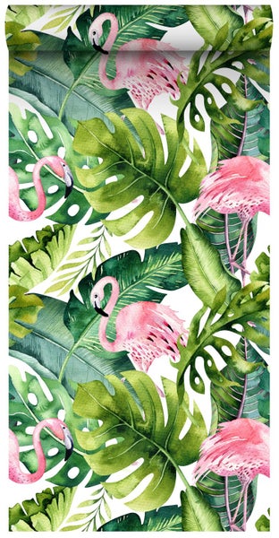 ESTAhome XXL-Vliestapete tropische Blätter mit Flamingos Grün und Rosa - 50 x 900 cm - 158895
