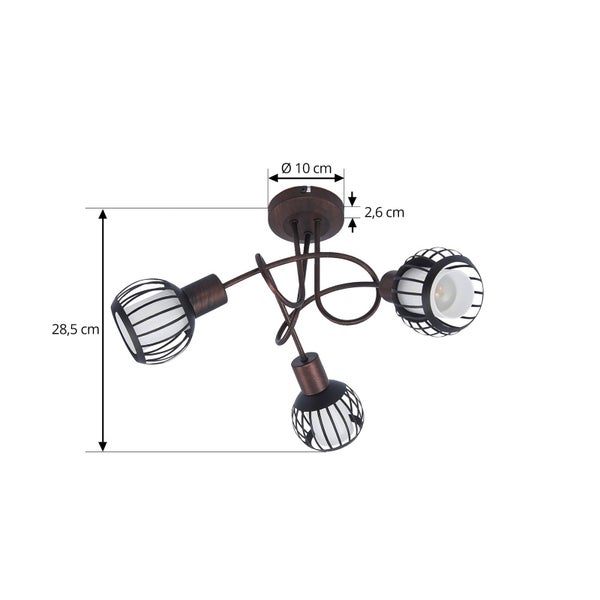 Deckenleuchte mit drei Leuchten und Größenangaben