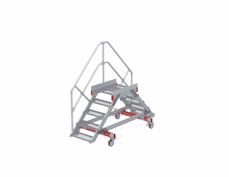 Mobile Treppe aus Metall mit Geländer für den flexiblen Einsatz.