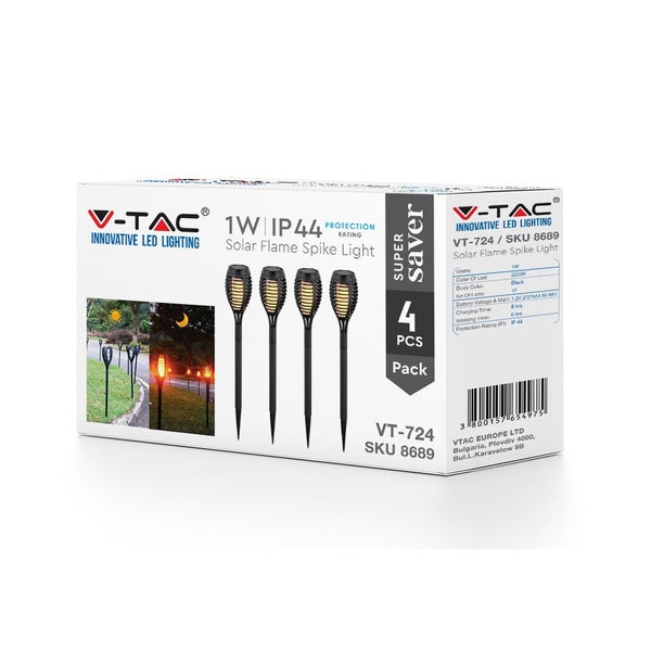 V-TAC Solarleuchte mit Flammeneffekt, 1 Watt, IP44 Schutzart, 4er-Pack