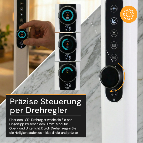 Detailansicht eines Drehreglers mit digitaler Anzeige zur stufenlosen Steuerung von Helligkeit und Lichtmodi an einer Leuchte.