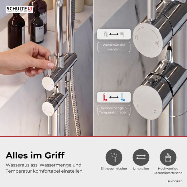Schulte Duscharmatur mit Einhebelmischer, Keramikkartusche und Umsteller zwischen Wannen- und Duschfunktion inklusive Bedienhinweisen.