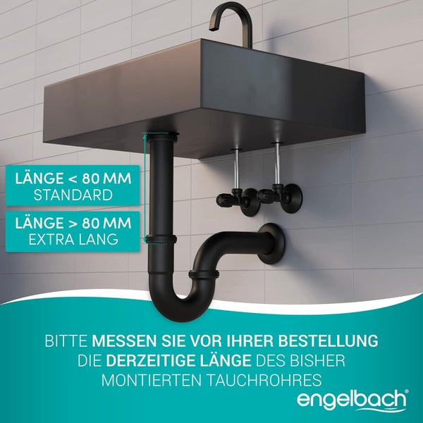 Engelbach® Siphon für Waschbecken - Extra Lang 200mm -  1 1/4 inkl. Gummimanschette mit Montage-Video - Schwarz