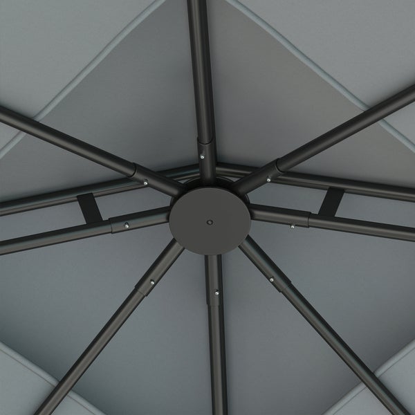 Detailansicht der Unterseite eines Sonnenschirms mit schwarzen Metallstreben und grauer Bespannung.
