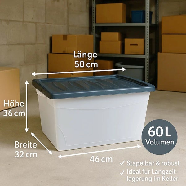 Aufbewahrungsbox aus Kunststoff mit Deckel, 60 Liter Volumen, stapelbar und robust, ideal für die Langzeitlagerung im Keller, circa 50 cm lang, 32 cm breit und 36 cm hoch