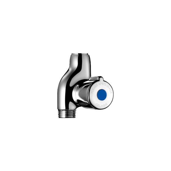 Delabie Wand-Auslaufventil verchromt mit blauem Markierungspunkt und Gewindeabgang.