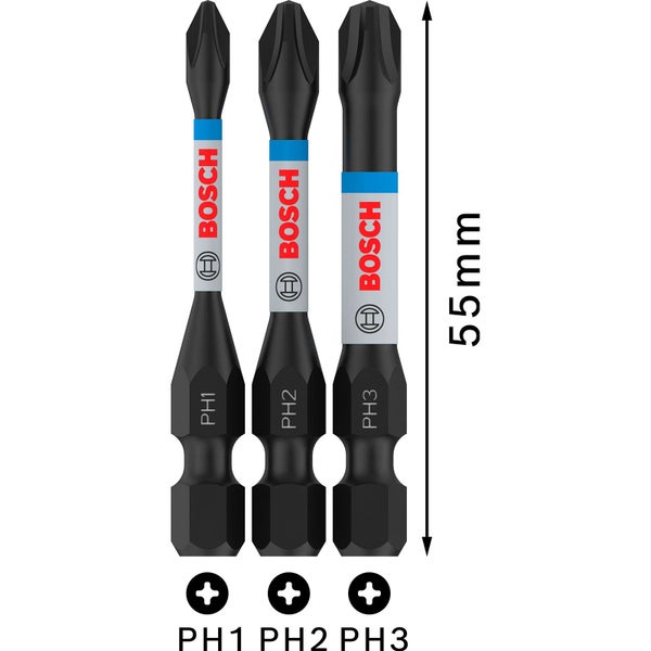 Bosch Schrauberbits mit Phillips Kopf, Größen PH1, PH2 und PH3, Länge 55 mm
