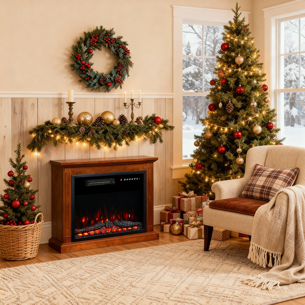 Weihnachtliches Wohnzimmer mit elektrischem Kamin, Weihnachtsbaum, Kranz und Geschenken