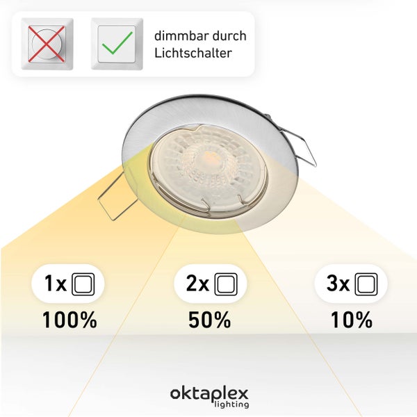 Oktaplex Lighting 3er Set LED Spot Sedan - 3 Stufen dimmbar - 4,8W 3000K 230V 380lm Warmweiß 120° - Deckenspot Edelstahl gebürstet Lochmaß 60mm