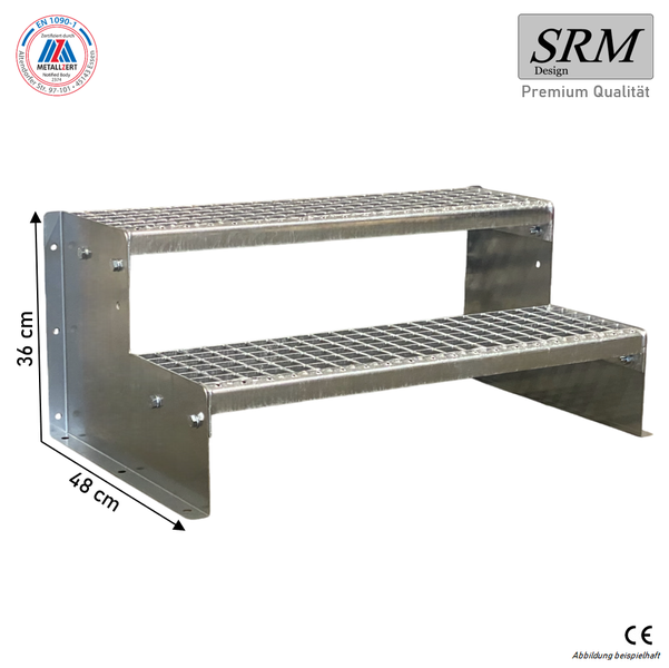 Zweistufige Außentreppe aus verzinktem Metall mit Gitterroststufen, Höhe 36 Zentimeter, Tiefe 48 Zentimeter, SRM Design Logo.