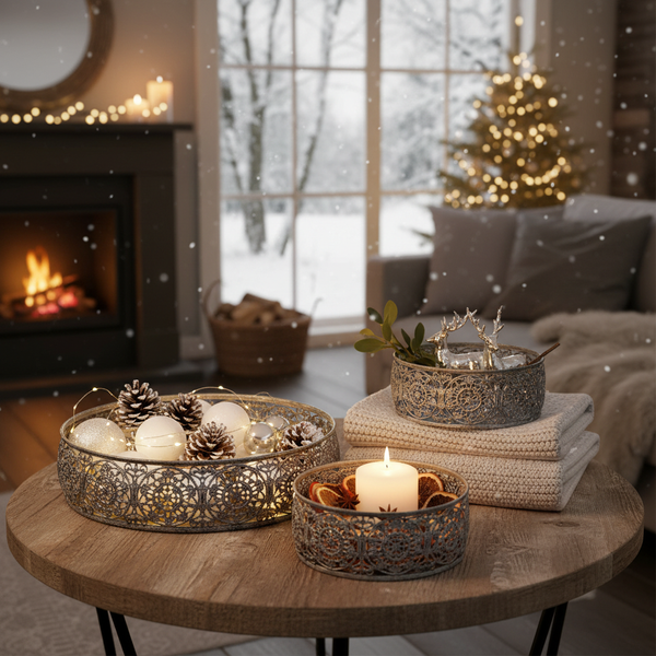 Festliche Dekoration mit filigranen Metallschalen, Kerze und Zapfen auf einem Holztisch vor einem brennenden Kamin und einem Weihnachtsbaum.