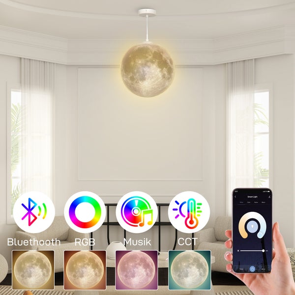 Hängelampe imitiert Mondoberfläche mit Bluetooth-, RGB-, Musik- und CCT-Funktion in Wohnraumumgebung