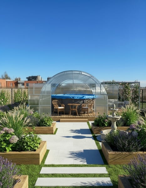 Garten mit Gewächshaus, Whirlpool, Pflanzkästen, Gartenweg und Springbrunnen