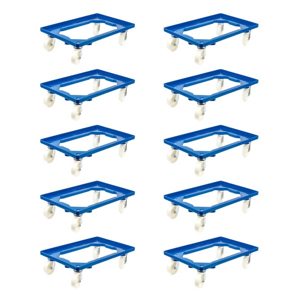 PROREGAL SparSet 10x Transportroller für Euroboxen 60 x 40 cm mit Kunststoffräder Blau Offenes Deck 4 Lenkrollen Traglast 300 kg