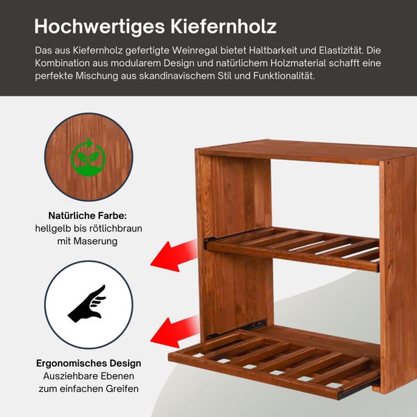 Modulares Weinregal aus hochwertigem Kiefernholz mit zwei ausziehbaren Ebenen für Weinflaschen.