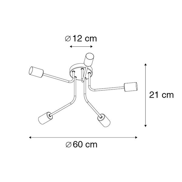 Technische Zeichnung einer Deckenleuchte mit fünf Leuchtenarmen und Maßangaben